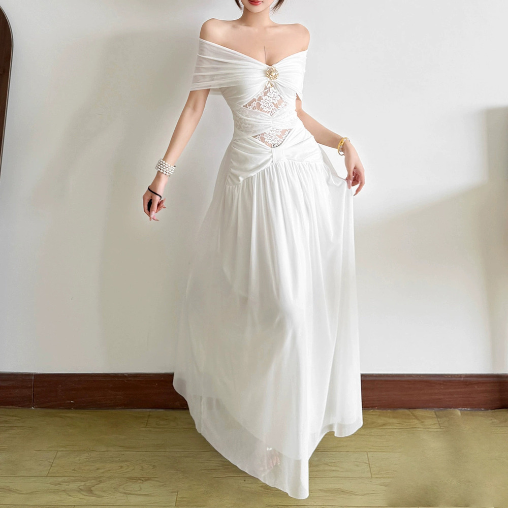 Zara Summer Lace Paneled Tulle Off Shoulder Strapless Waist Cinching Dress